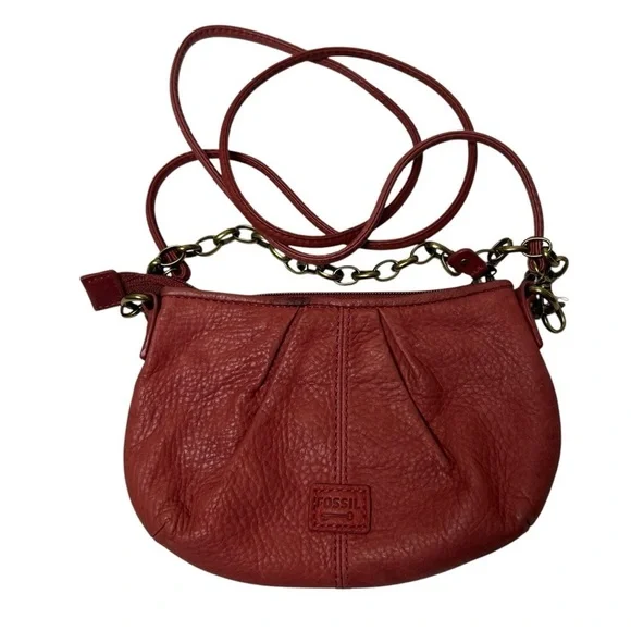 Fossil Crossbody Bag Convertible Leather & Chain Hand Shoulder Purse Orange/Red - Picture 2 of 10